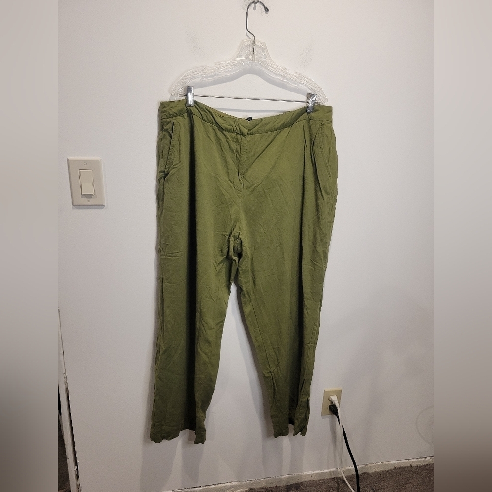 Eileen Fisher Size XL Green Linen Blend Wide Leg Pants Small Stain
